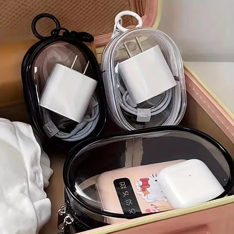 Travel Cable Organizer - กระเป๋าเก็บของแบบพกพาขนาดเล็กใสพร้อมซิป พวงกุญแจตุ๊กตาการ์ตูน ของเล่นเด็ก กล่องสุ่ม กระเป๋าจัดเก็บสายเคเบิลสำหรับหูฟังและที่ชาร์จ