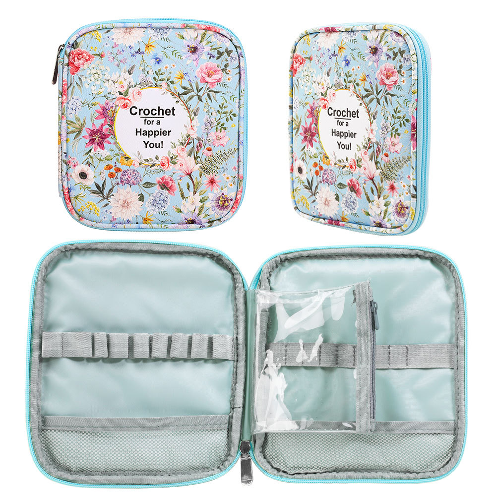Tech Accessories Organizer - กระเป๋าเก็บอุปกรณ์ถักนิตติ้งกันน้ำ สำหรับงานถักโครเชต์ DIY ลายดอกไม้ ช่องใส่ของหลายช่อง พร้อมซิป